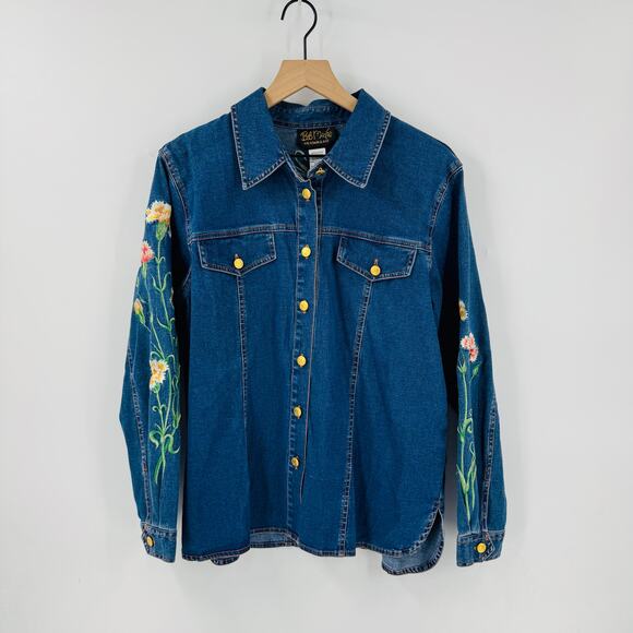 Bob Mackie Wearable Art Denim Shirt Jacket Embroidered Floral Size M Festival - Picture 1 of 9